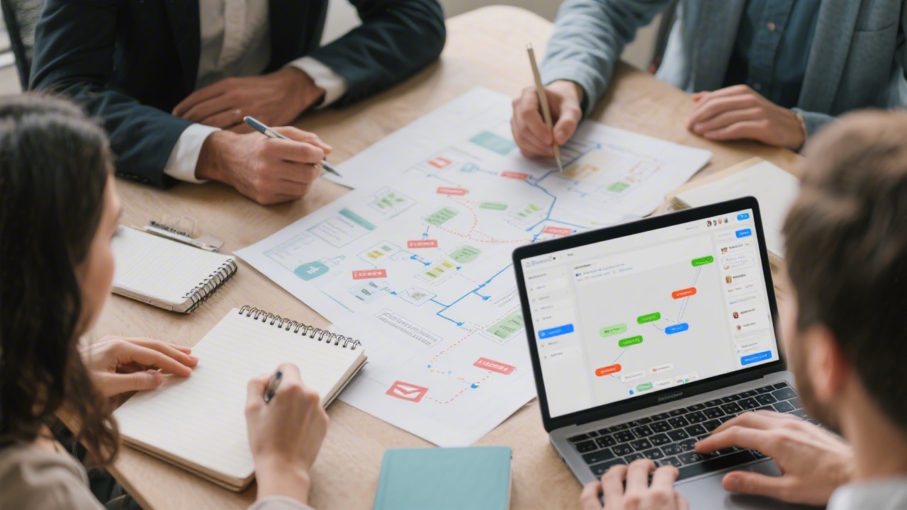 Marketing operations team planning lifecycle email campaigns with printed customer journey maps, notebooks, and laptop screens showing sequence builders.