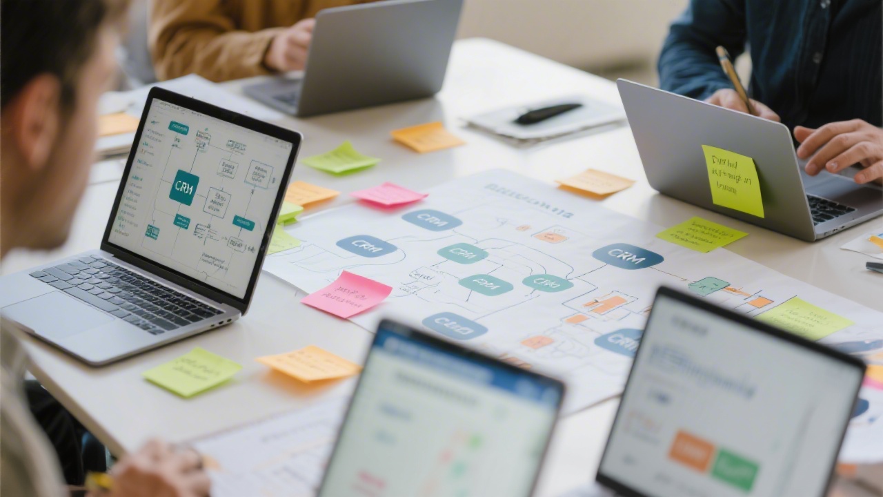 Close-up of a CRM integration workshop with sticky notes, system diagrams, and laptops showing CRM fields mapping to marketing automation platforms.
