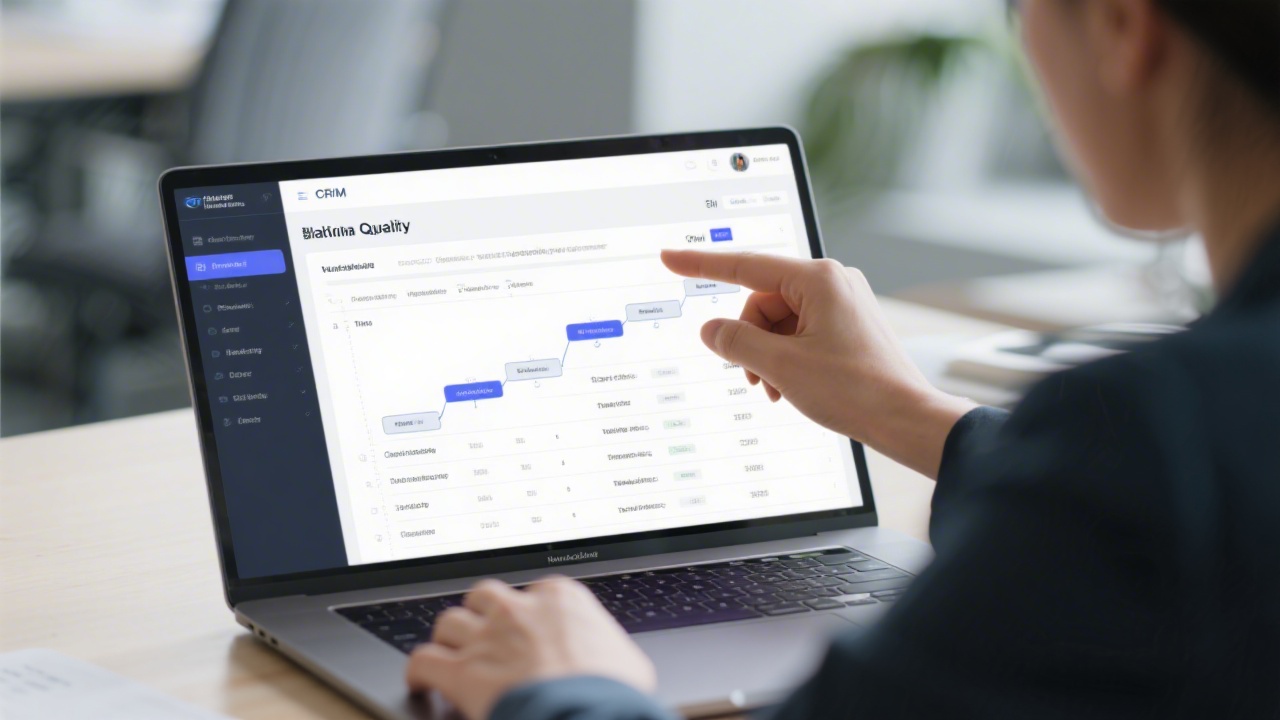 Marketing operations specialist reviewing data quality on a laptop with CRM fields displayed, highlighting clean datasets and structured lifecycle stages.