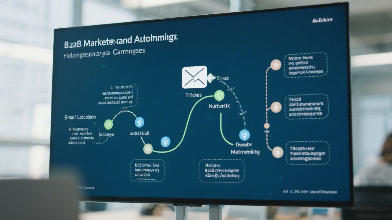Email lifecycle journey diagram on a large screen, showing trigger points and nurturing paths for B2B marketing automation campaigns.