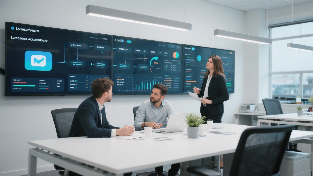 Modern Limerick office workspace with marketers reviewing dashboards on large screens, showing email automation flows and CRM data on a clean, bright desk.
