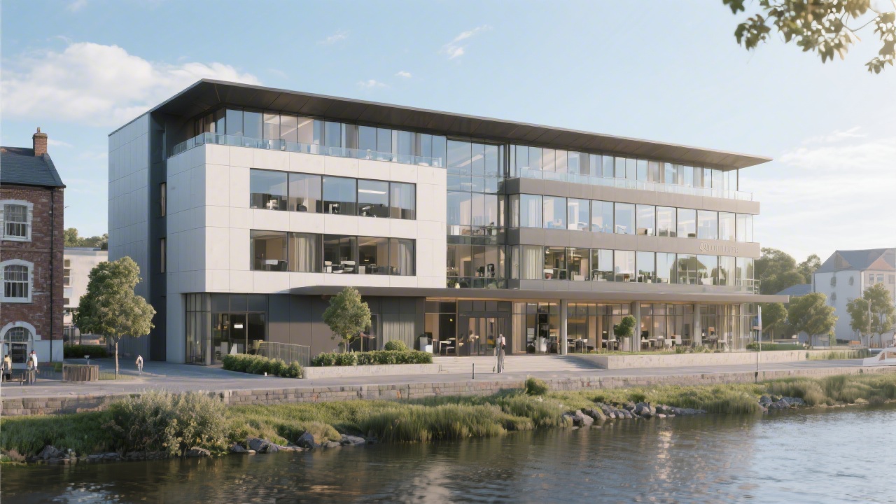 Exterior view of a contemporary office building in Limerick near the river, representing the local business community and professional service environment.