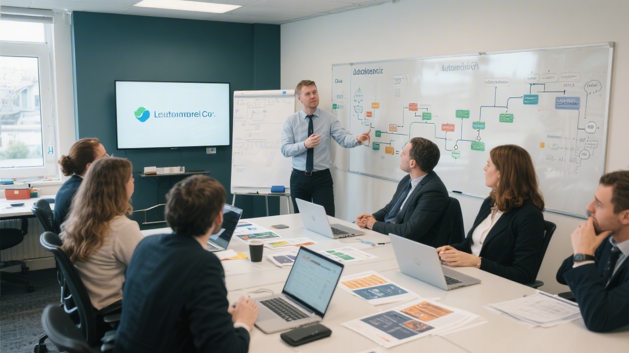 Collaborative marketing workshop in a Limerick office with professionals discussing CRM workflows, using whiteboards, laptops, and printed automation journey maps.